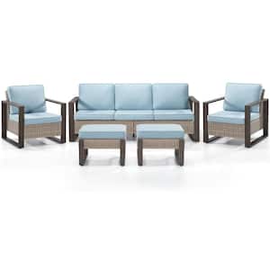 5-Piece Wicker Outdoor Sectional Sofa Set Rectangular Framed with Light Blue Cushions