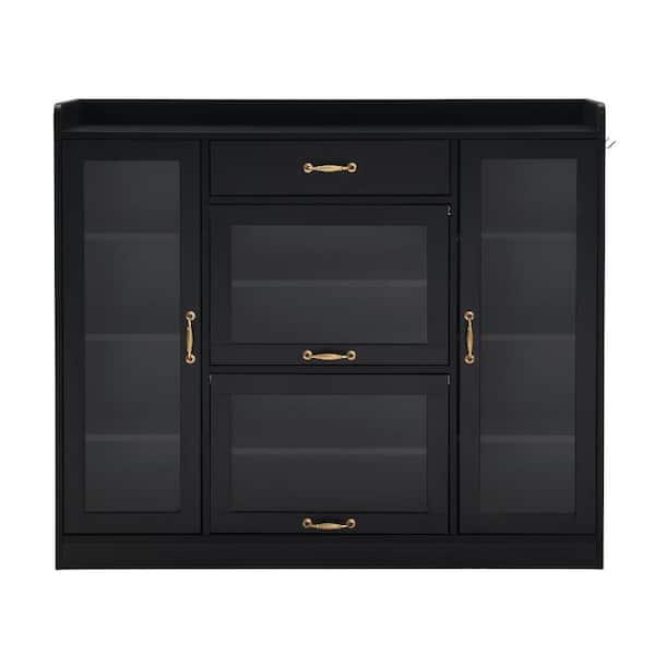 Unbranded 47.20 in. W x 14.10 in. D x 40.50 in. H Black Linen Cabinet Freestanding Shoe Rack with 4 Glass Doors and 3 Hooks