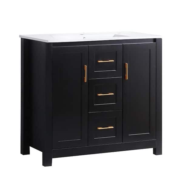 36 in. W x 18.3 in. D x 33.67 in. H Single Sink Freestanding Bath Vanity in Black with White Ceramic Top