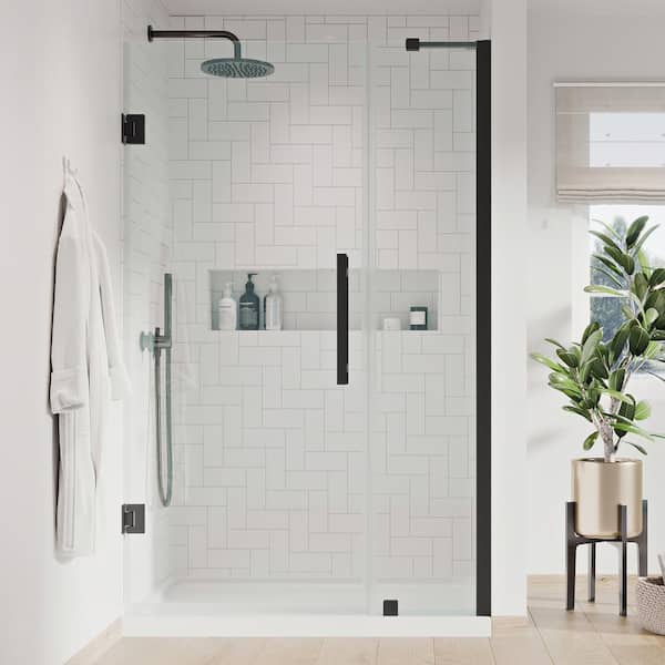 Pivot Frameless Shower Door, Black 038 White Tile Designs
