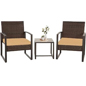 Brown 3-Piece Wicker Outdoor Bistro Set with Tan Cushion
