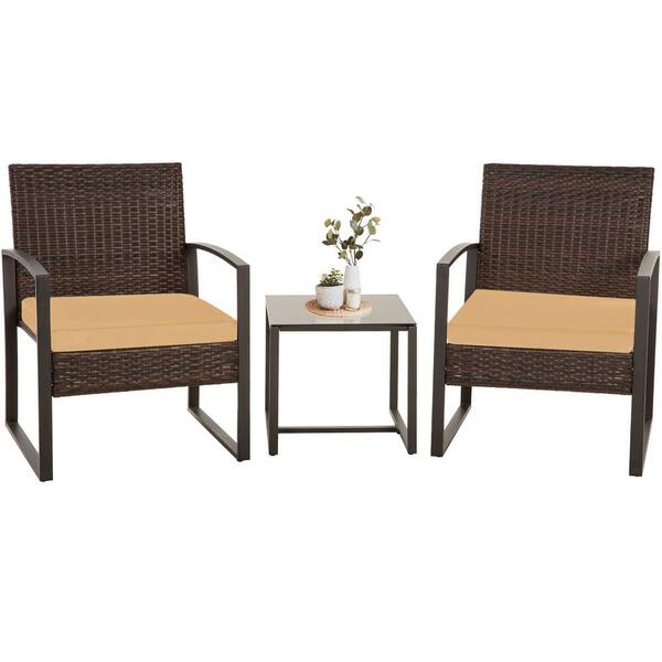 JUSKYS Brown 3Piece Wicker Outdoor Bistro Set with Tan Cushion BRYE006