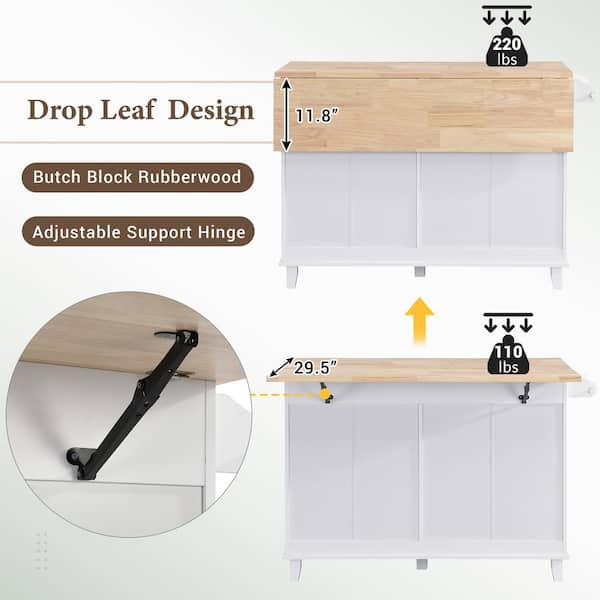 White Wood 50.3 in. Kitchen Island Set with Drop Leaf and 2