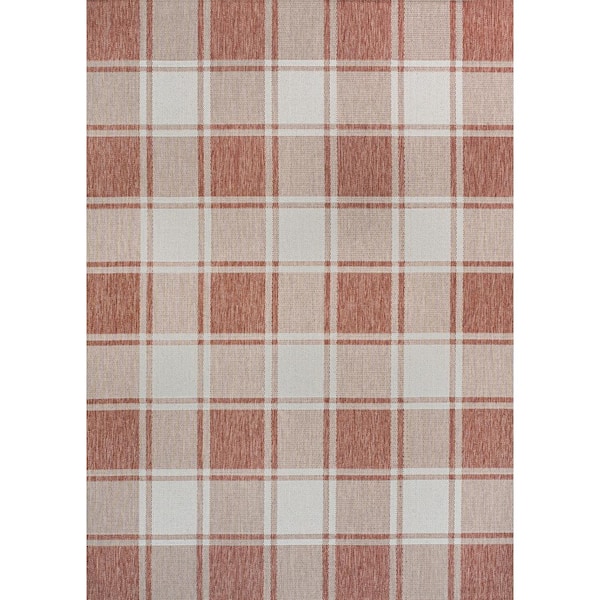 Sabine Traditional Farmhouse Bold Gingham Salmon/Cream 5 ft. x 8 ft. Indoor/Outdoor Area Rug