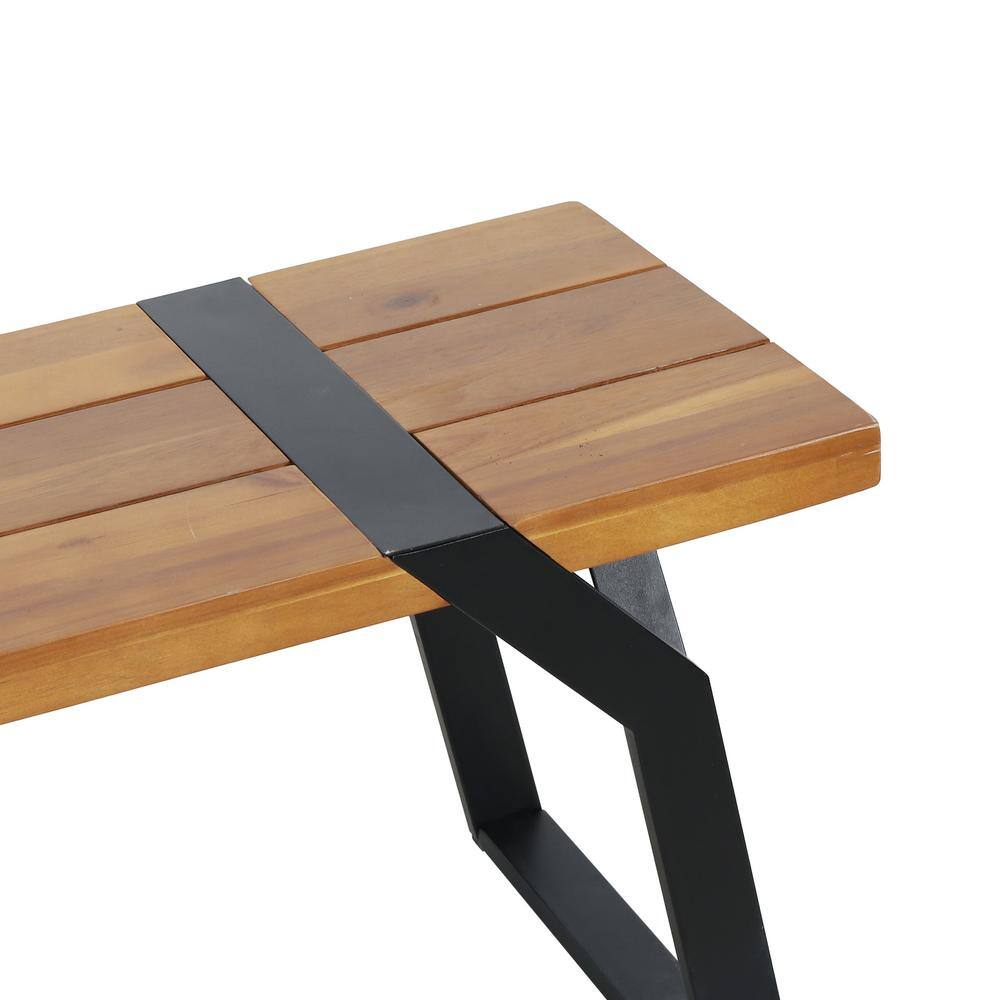 Sleek Black Metal and Teak Wood 63'' Outdoor Bench