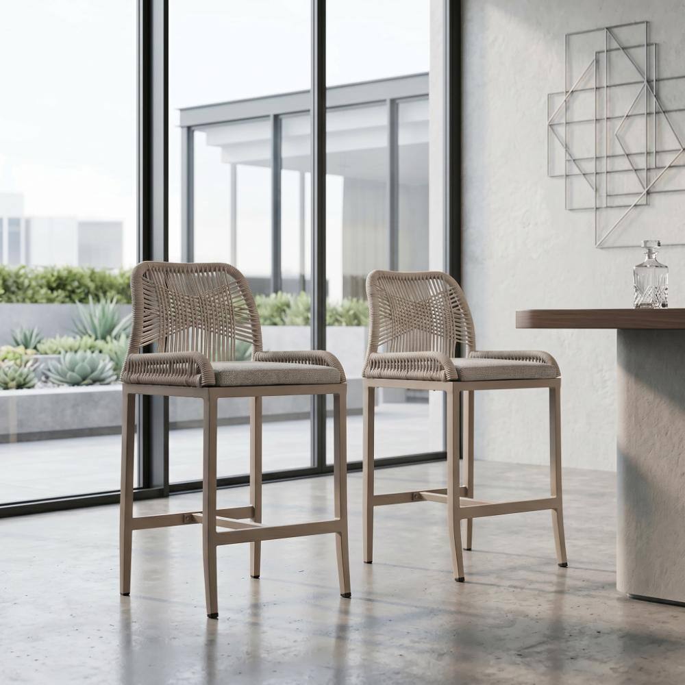 Light Gray Counter Height Bar Stools Set of 2 Handwoven with Champagne Aluminum Frame and Waterproof Cushions price history on PriceWatchPro