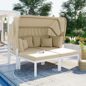 3-Piece White Metal Outdoor Day Bed with Beige Cushions and Retractable Canopy for Patio Backyard, Sun Lounger