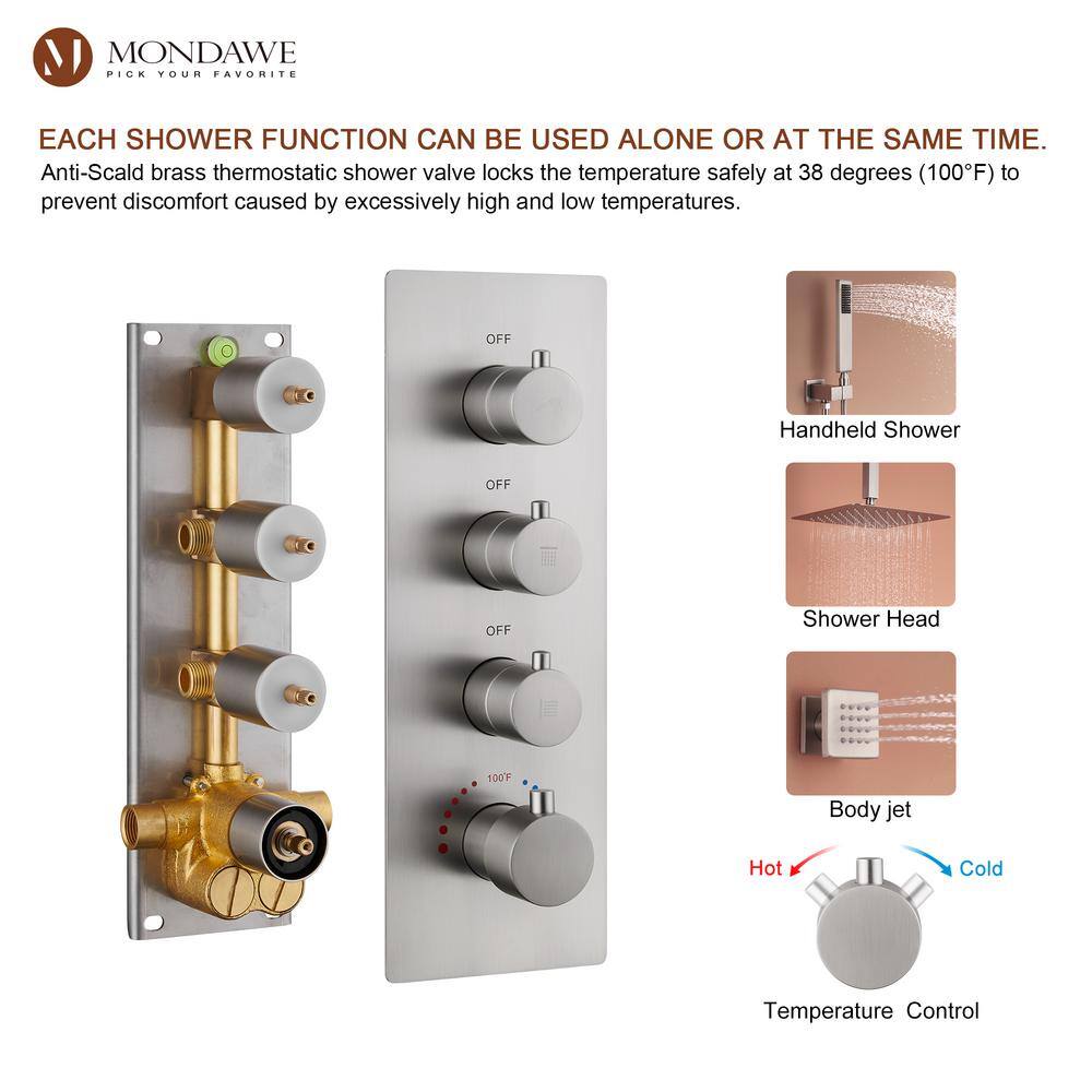 Brushed Nickel Ceiling Mounted Rain Shower System with Handheld and Body Jets