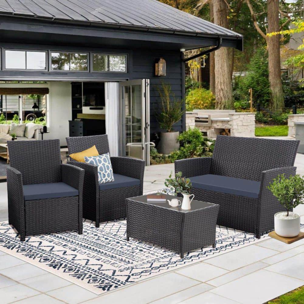 4-Piece Wicker Outdoor Dining Set with Washed Blue Cushion