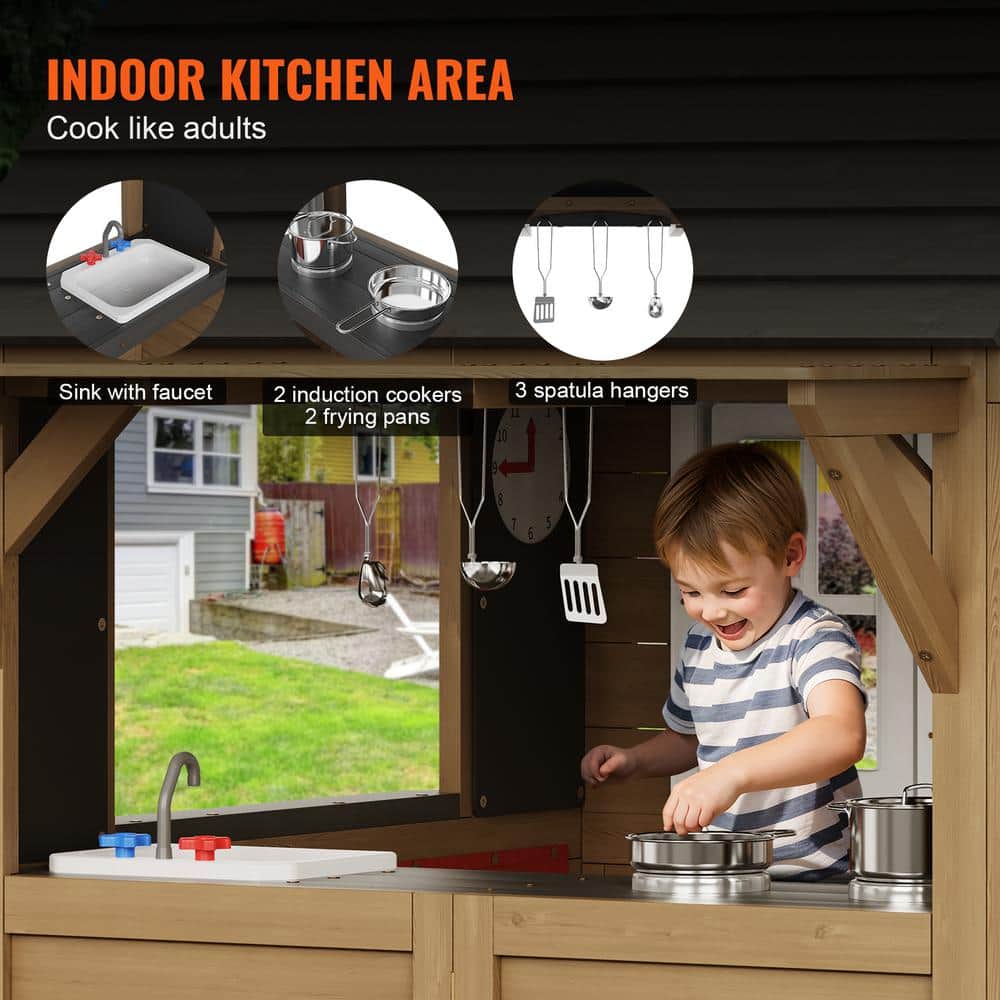 Modern Cedar Outdoor Playhouse with Kitchen and Flower Pot Holder