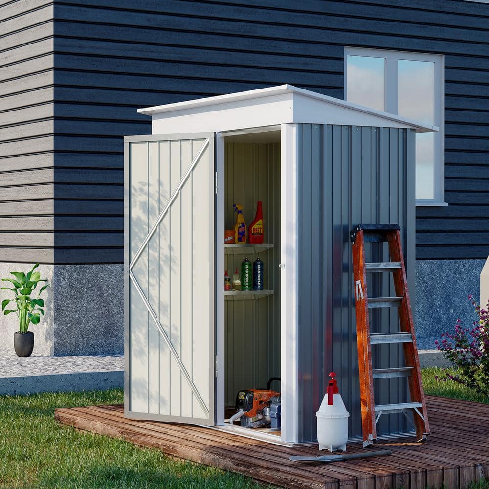 Gray Metal Outdoor Storage Shed with Shelving