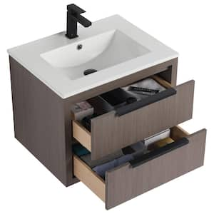 Kingsford 24 in. Single Wall Mounted Gray Oak Bath Vanity with Drawers with White Ceramic Sink