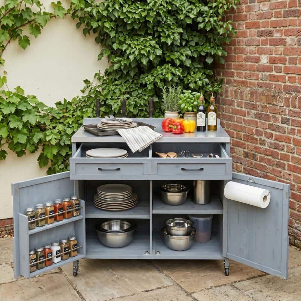 Gray Blue Outdoor Kitchen Island with Stainless Table Top, Adjustable Shelves and Drawer price history on PriceWatchPro