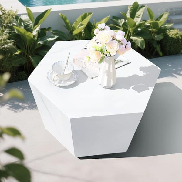 28 in. Pure White Hexagon Magnesium Oxide Concrete Outdoor Patio Coffee Table