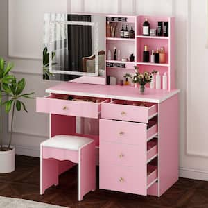 5-Drawers Pink Wood LED Push-Pull Mirror Makeup Vanity Set Dressing Table Sets with Stool and LED Lights with Crystal