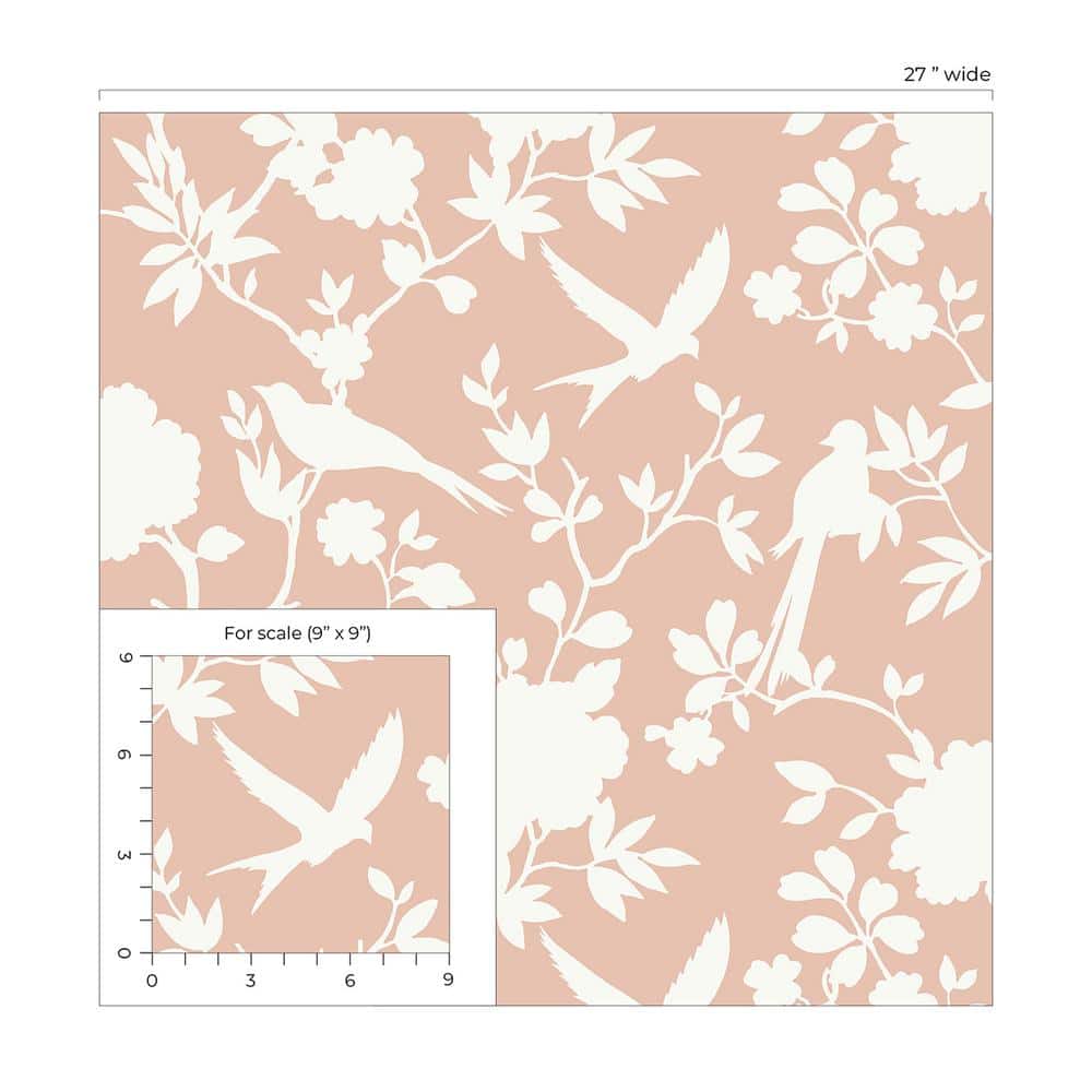 Peach Petal Kauai Bird Toile Embossed Vinyl Wallpaper Roll