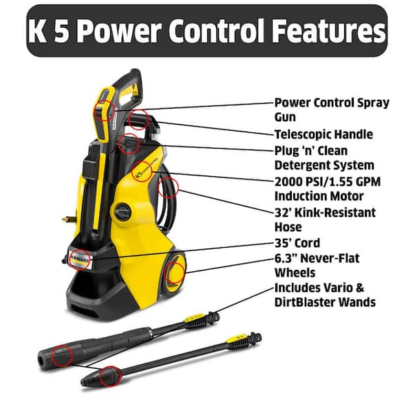 Karcher 1.324-568.0 2000 PSI 1.55 GPM K 5 Power Control Cold Water Electric Induction Pressure Washer Plus Vario and DirtBlaster Spray Wands - 3