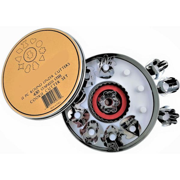 11-Piece Stainless Steel Linzer Cookie Cutter Set Round Fluted Shape with Storage Tin and Interchangeable Centers