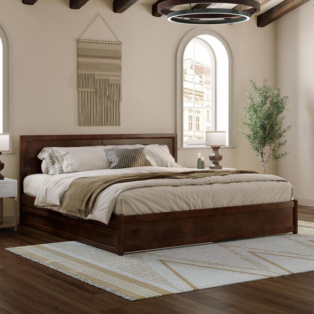 Walnut King Solid Wood Platform Bed with Trundle