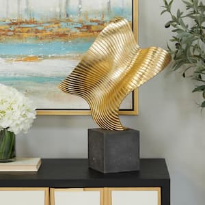 Gold Polystone Wave Abstract Sculpture with Black Base