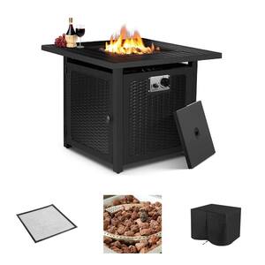 Nepton 28 in. X 28 in. Outdoor Square Black Rattan Style Powder Coated Steel Gas Propane Fire Pit Table W/Lava Rock