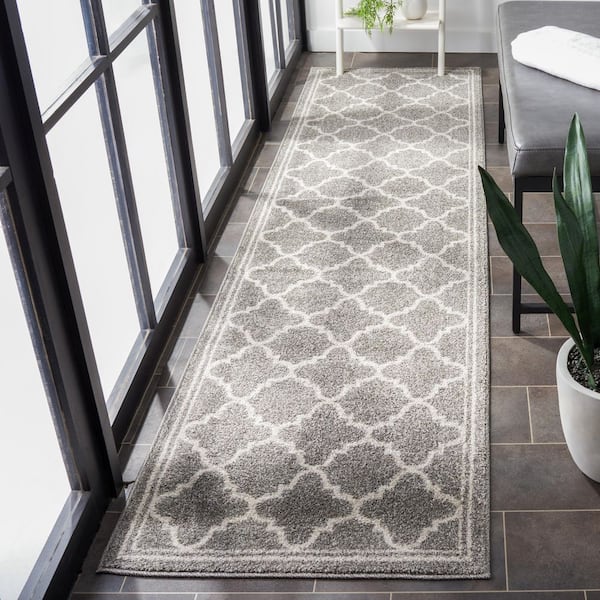 Amherst 2 ft. x 19 ft. Dark Gray/Beige Border Multi-Trellis Runner Rug