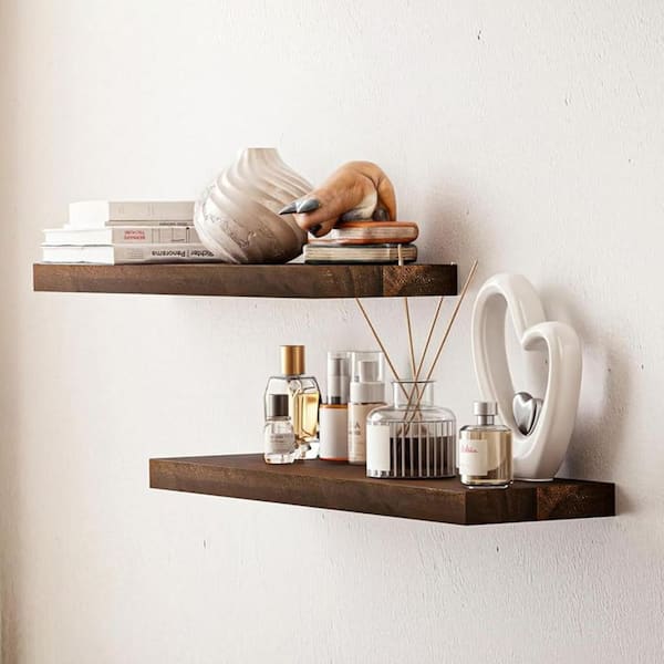 24 in. W x 7 in. D Walnut Wood Floating Shelf with Bracket Decorative Wall Shelf, (Set of 2)