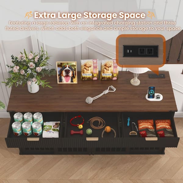 GDFSTUDIO Black 71 in. W Double Dog Crate Furniture with 3 Drawers and ...