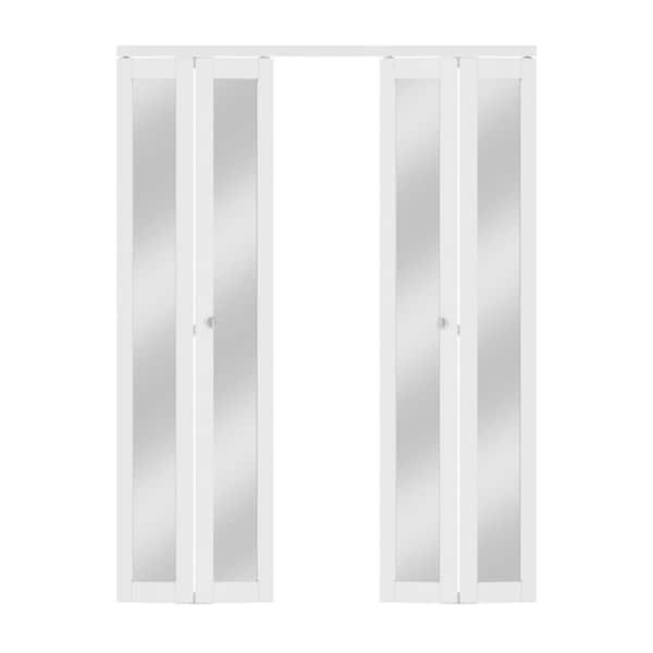 ARK DESIGN 60 in. x 80 in. 1-Lite Frosted Glass Mirrored Glass Solid Core White Finished Glass Pivot Bi-fold Door with 2 Hardware