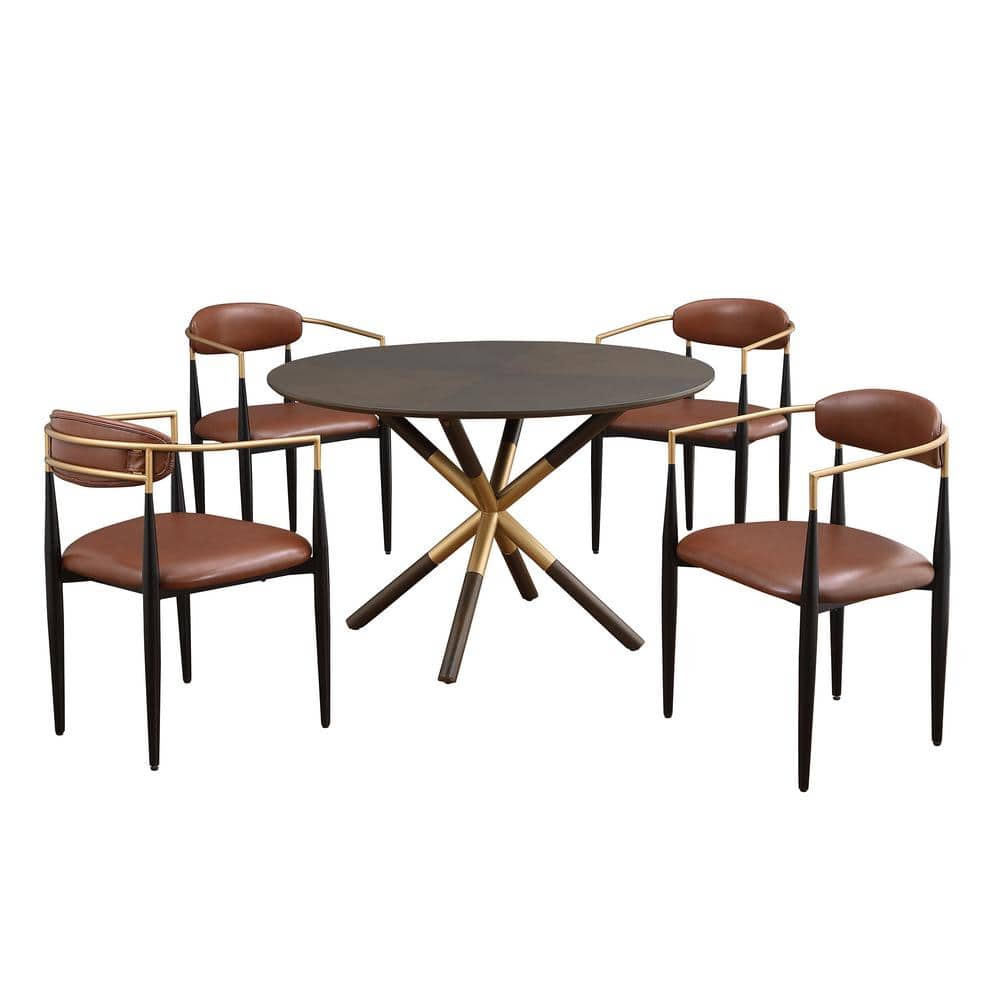Morden Fort 47 in. W Round Dining Table Set with 4 Brown Leather Chairs ...