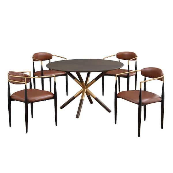 Morden Fort 47 in. W Round Dining Table Set with 4 Brown Leather Chairs Minimalist Style Hollow Design Wooden Top 5-Piece
