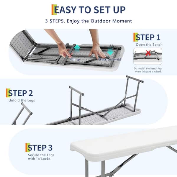 homfan 6 ft. Folding Bench 2 Pack White HDPE Portable Outdoor