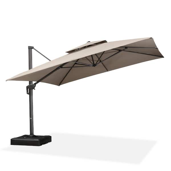 PURPLE LEAF 12 ft. Square Olefin 2-Tier Aluminum Cantilever 360-Degree Rotation Patio Umbrella with Base, Beige