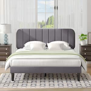 Upholstered Bed Frame Gray Metal Frame Queen Platform Bed with Adjustable Headboard, Strong Wooden Slats Support