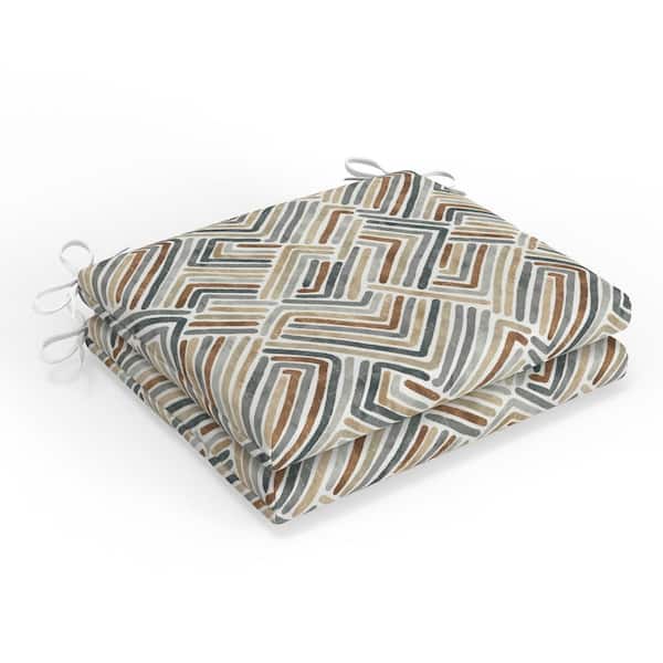 Pillow Perfect Geometric 18.5 in W x 3 in H Square Outdoor Chair Pad Cushion with Ties 2-Count in Estie Rattan