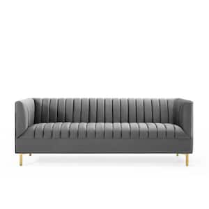 Shift 77 in. Gray Channel Tufted Velvet 3-Seater Tuxedo Sofa with Square Arms