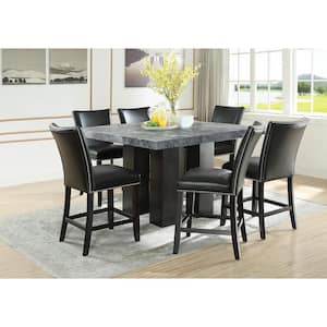 Camila Gray Marble 54 in. Square Counter Height Dining Set with 6 Black Upholstered Side Chair