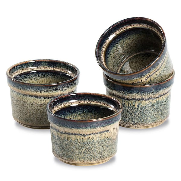 4-Piece Round Ceramic Porcelain Ramekin Set with Reactive Glaze for Baking Creme Brulee Souffle Ice Cream