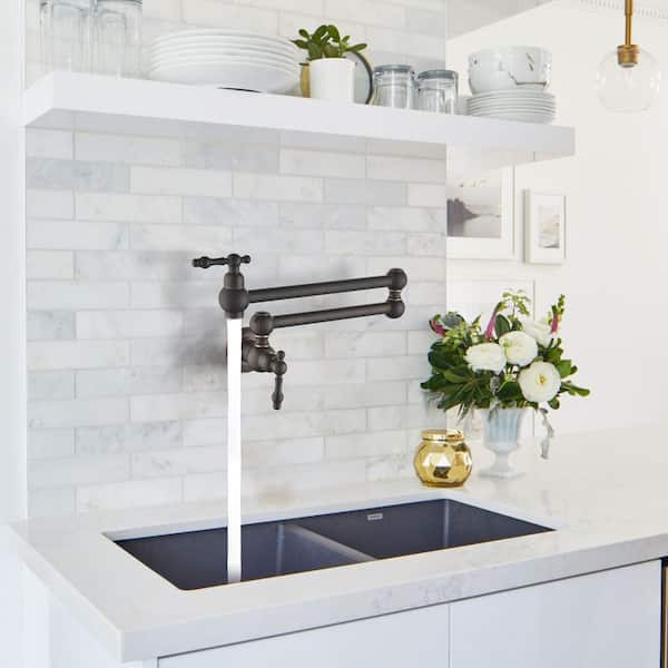 Double Handle Wall Mount Pot Filler in Oil Rubbed Bronze