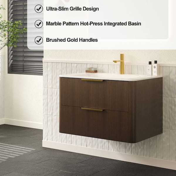 Yingze 30 in. Wall-Mounted Single Sink Walnut Bath Vanity with Yingze 30 in. Wall-Mounted Single Sink Walnut Bath Vanity with