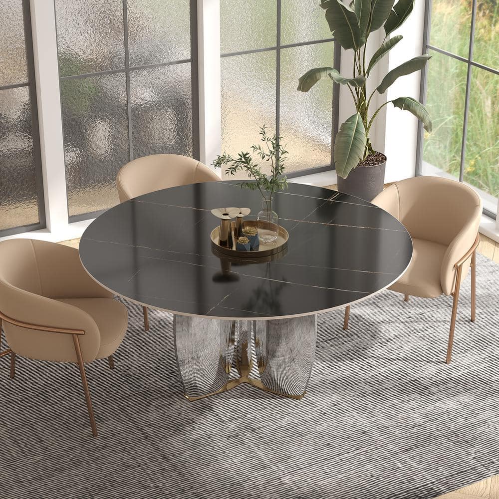 Modern Style Round Black Lauren Black Gold Stone Top 53.15 in. Stainless St