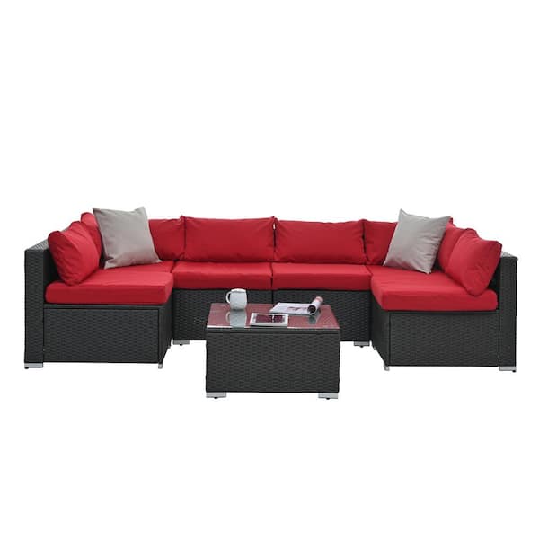 Sudzendf 7 Pieces PE Wicker Dark Gray Outdoor Furniture Set With Red Cushions