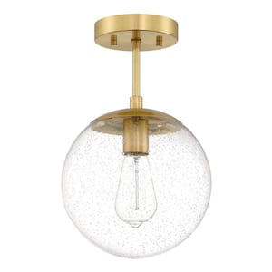Gracelyn Modern 14.36 in. 1-Light Satin Gold Smart Semi-Flush Mount Ceiling Light with Clear Seedy Glass Globe Shade
