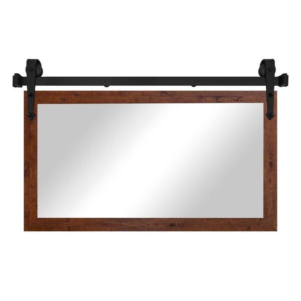 (33 in. W x 24 in. H) Dark Brown Modern Rustic Mirror with Steel Barn Door Rail