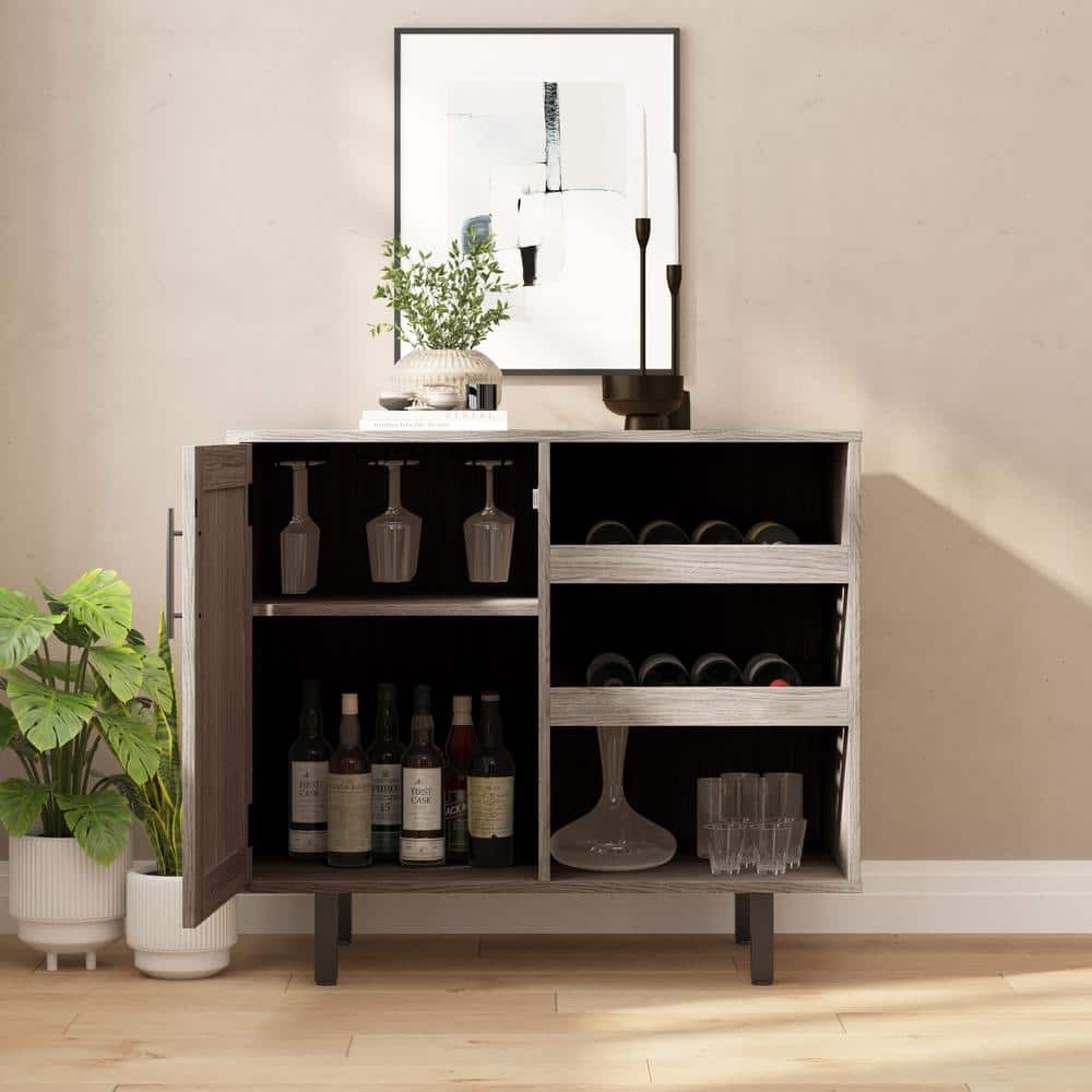 Gray Wood and Metal Bar Sideboard with Adjustable Shelf