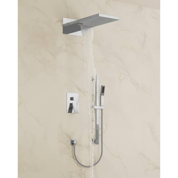 3-Spray 22 in. Wall Mount Rainfll and Waterfall Dual Fixed and Handheld Shower Head 2.5 GPM in Chrome(Vlave Included)