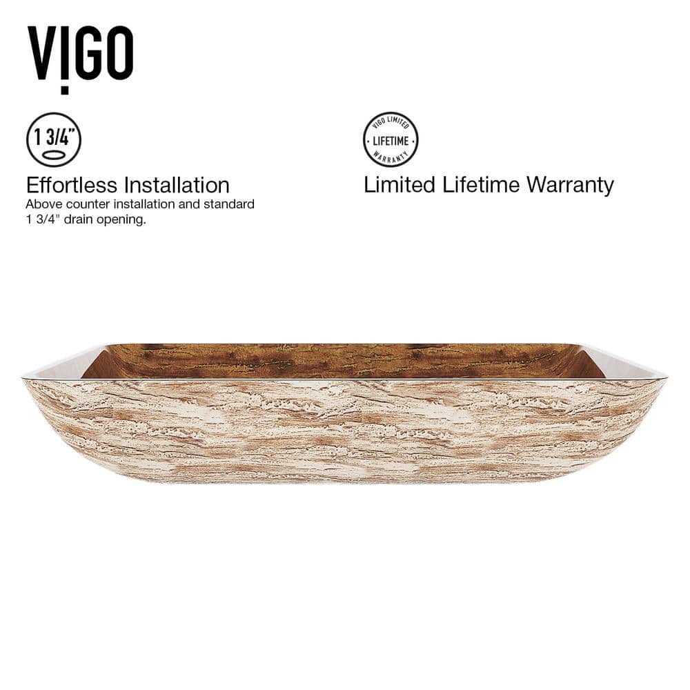 Amber Sunset Glass Rectangular Vessel Sink with Wood Finish