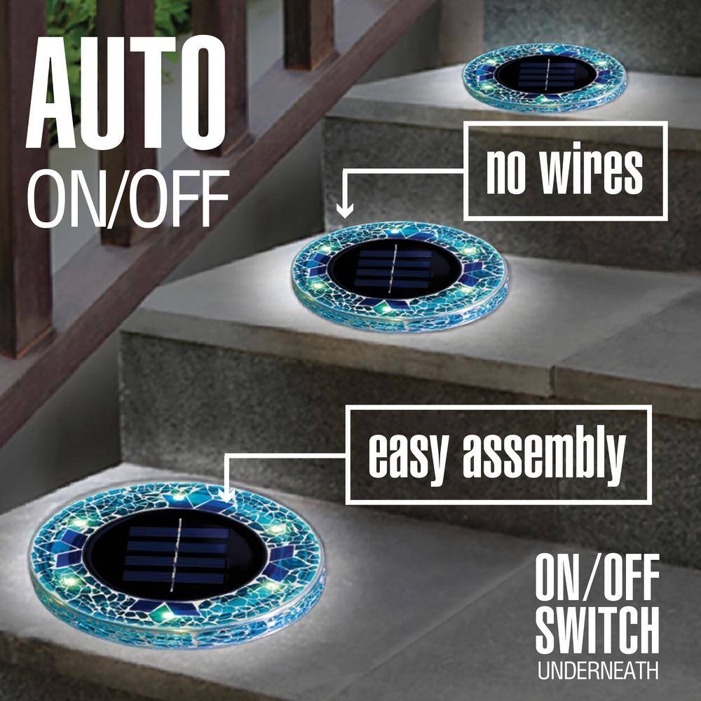 Blue Mosaic Solar Powered LED Disk Lights Set of 4