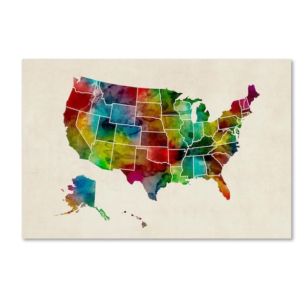Trademark Fine Art 22 in. x 32 in. United States Watercolor Map 2 by Michael Tompsett Hidden Frame Travel Wall Art