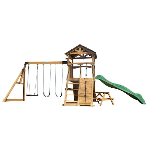 Endeavor II Outdoor Playground Set w/ Elevated Clubhouse, Climbing Wall, Swing Set, Green Wave Slide, and Picnic Bench